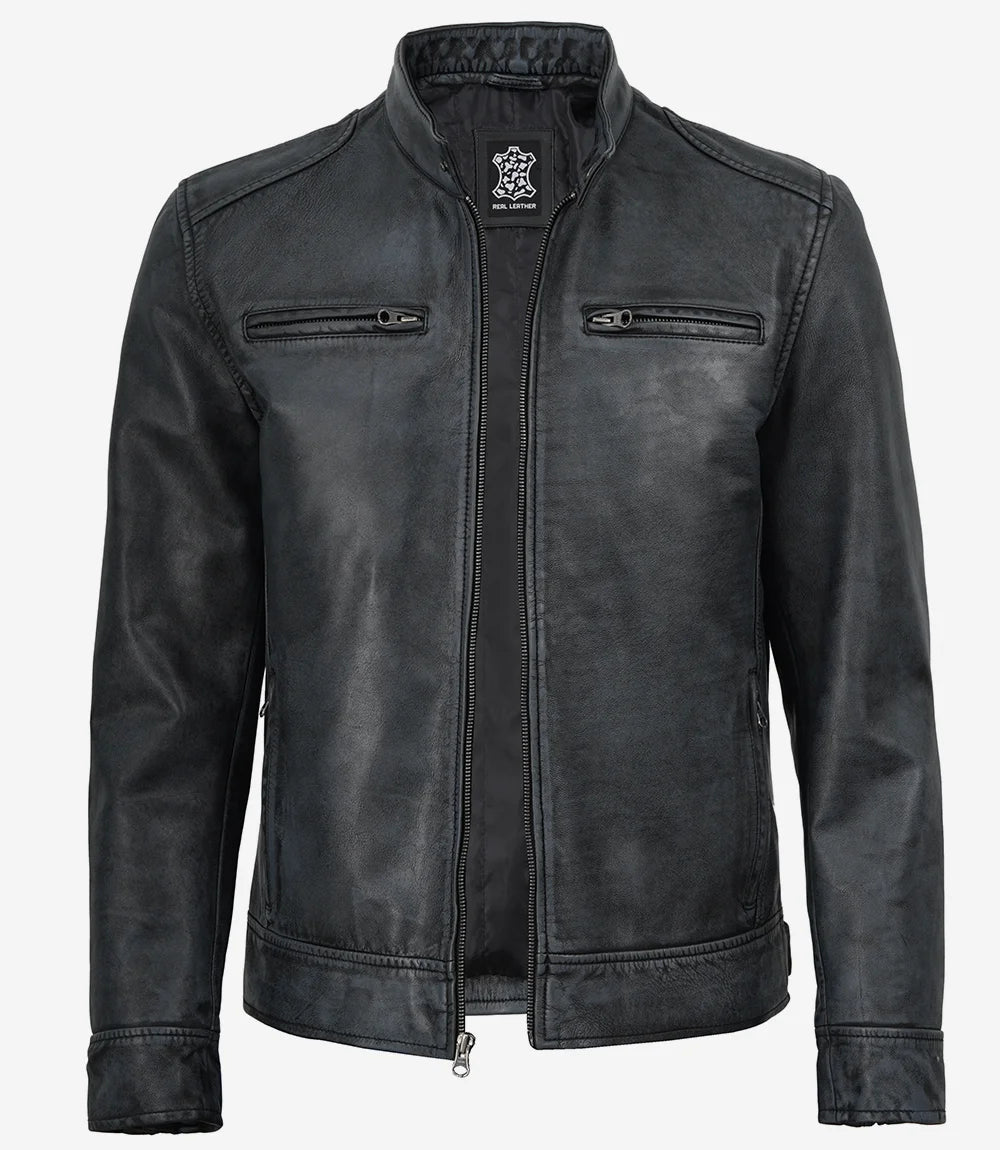 Dodge Men's Black Washed Leather Biker Style Jacket