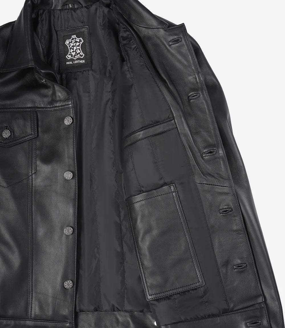 Mens Four Pockets Black Leather Trucker Jacket
