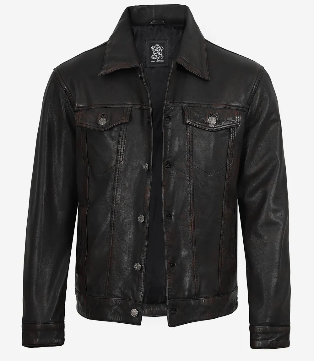 Men’s Black Washed Leather Trucker Jacket – Maroon Waxed Finish