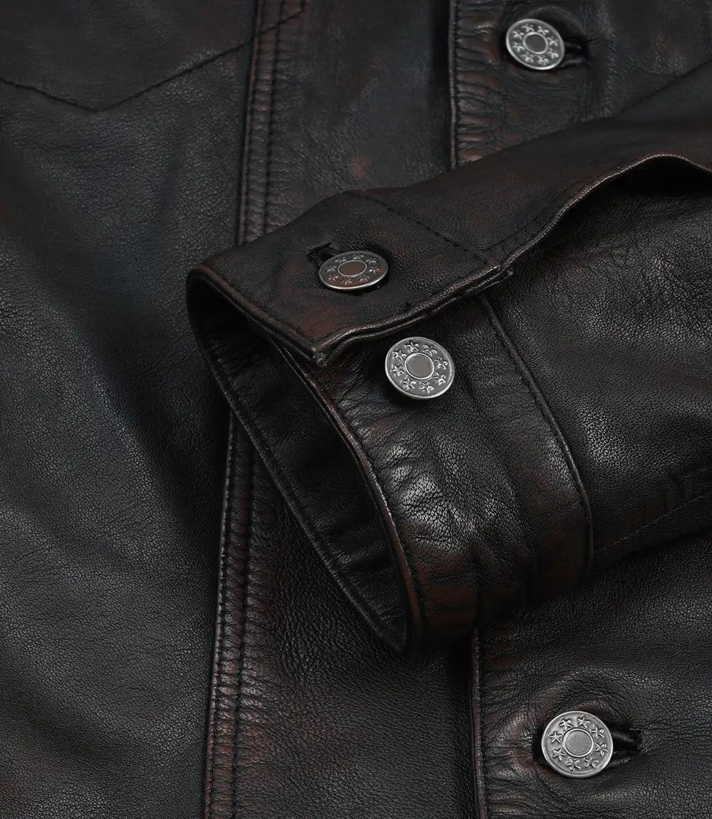 Men’s Black Washed Leather Trucker Jacket – Maroon Waxed Finish