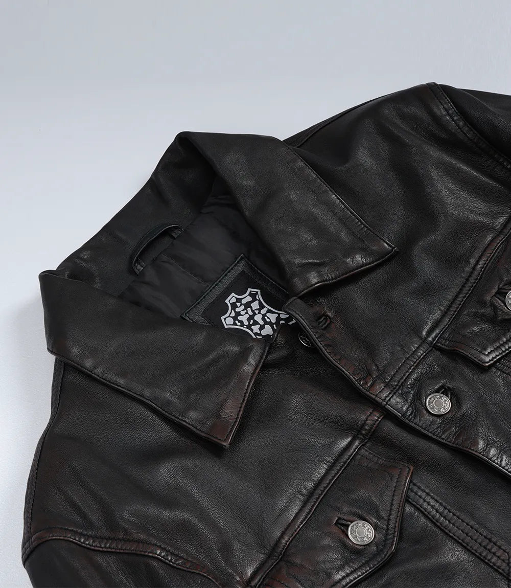 Men’s Black Washed Leather Trucker Jacket – Maroon Waxed Finish