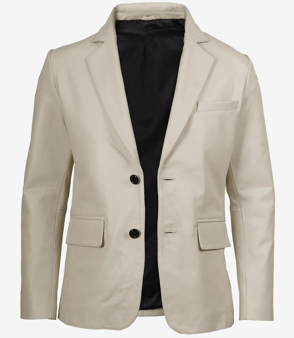 Men's Two Button Notch Lapel Off White Leather Blazer