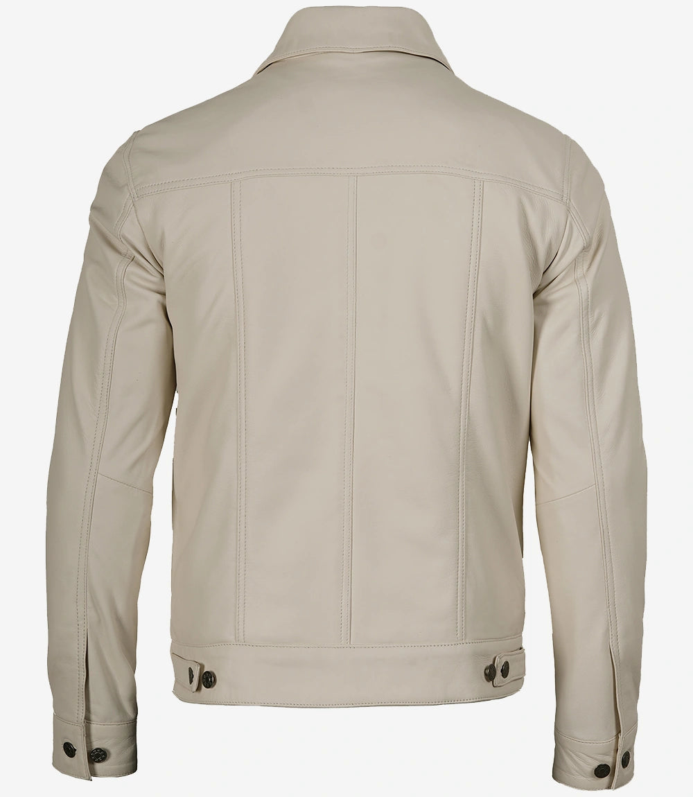 Mens Four Pockets Off White Leather Trucker Jacket