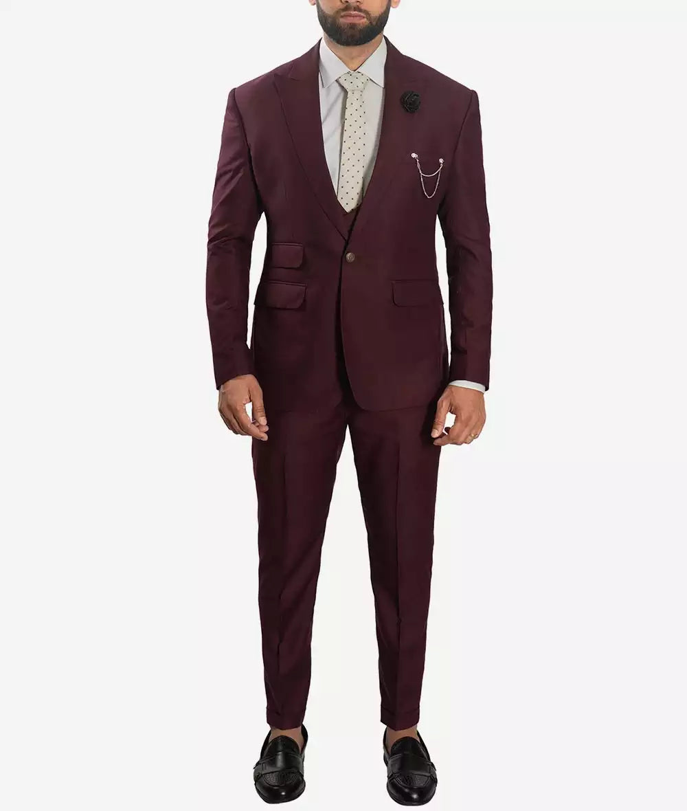 Three Piece Peak Lapel Burgundy Mens Suit