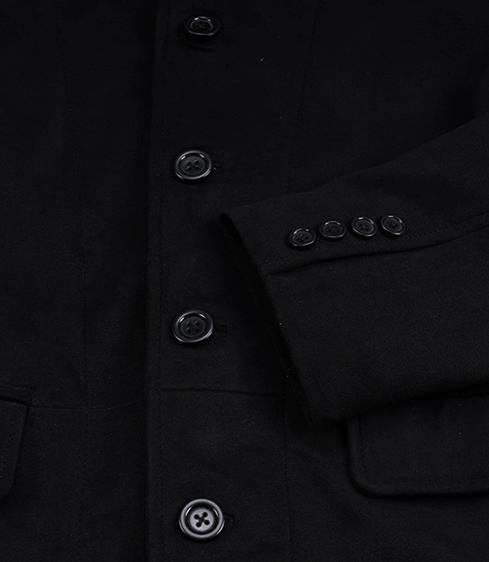Men's Black Faux Suede Double-Layered Blazer with Leather Placket