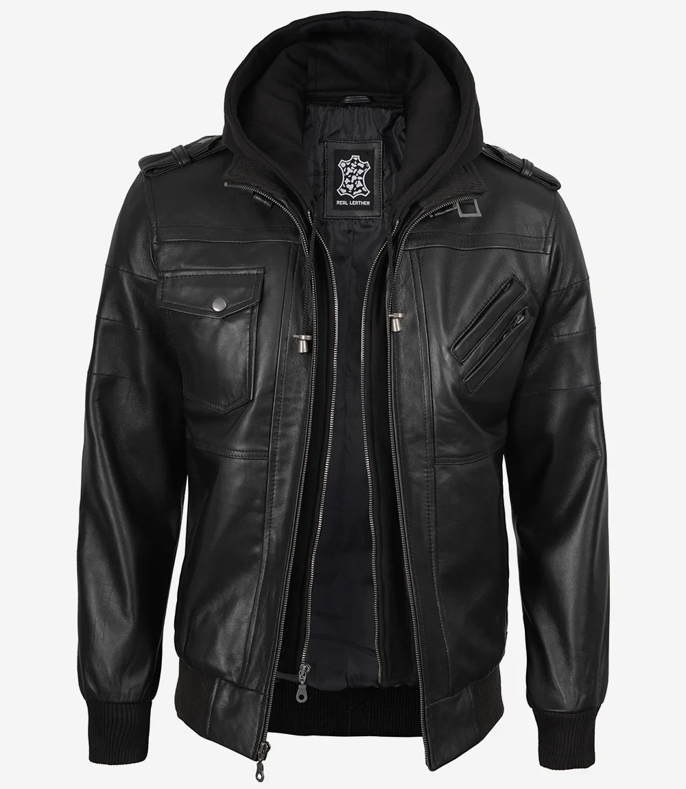 Mens Tall Black Leather Bomber Jacket with Removable Hood