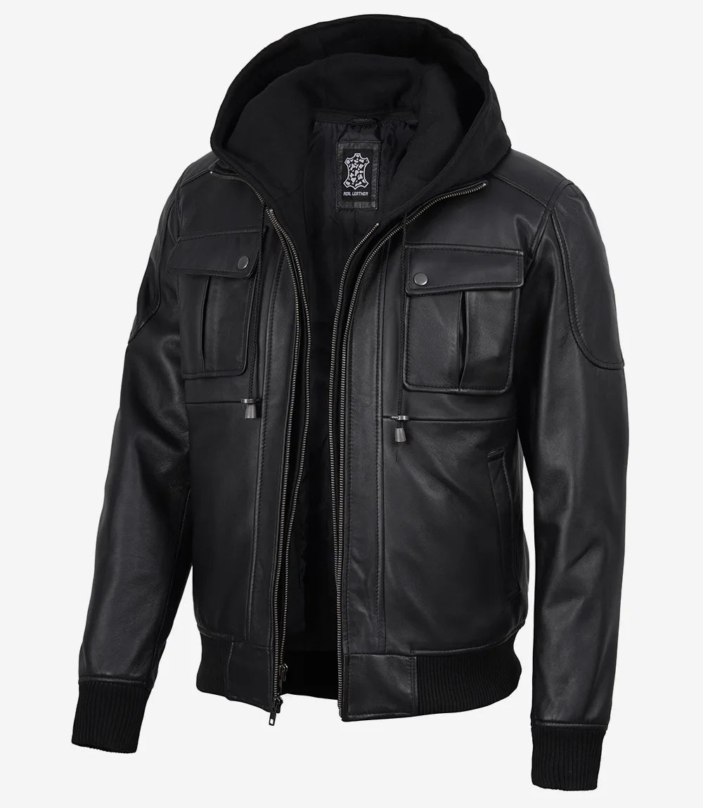 Men's Black Real Leather Bomber Jacket – Detachable Hood