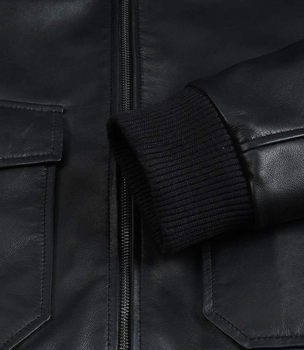 Men's Black Leather Aviator Jacket with Detachable Faux Shearling Collar