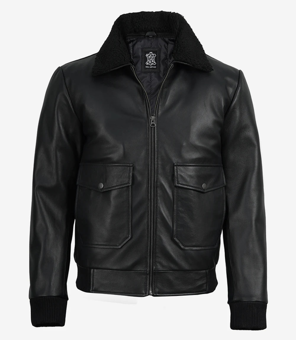 Men's Black Leather Aviator Jacket with Detachable Faux Shearling Collar