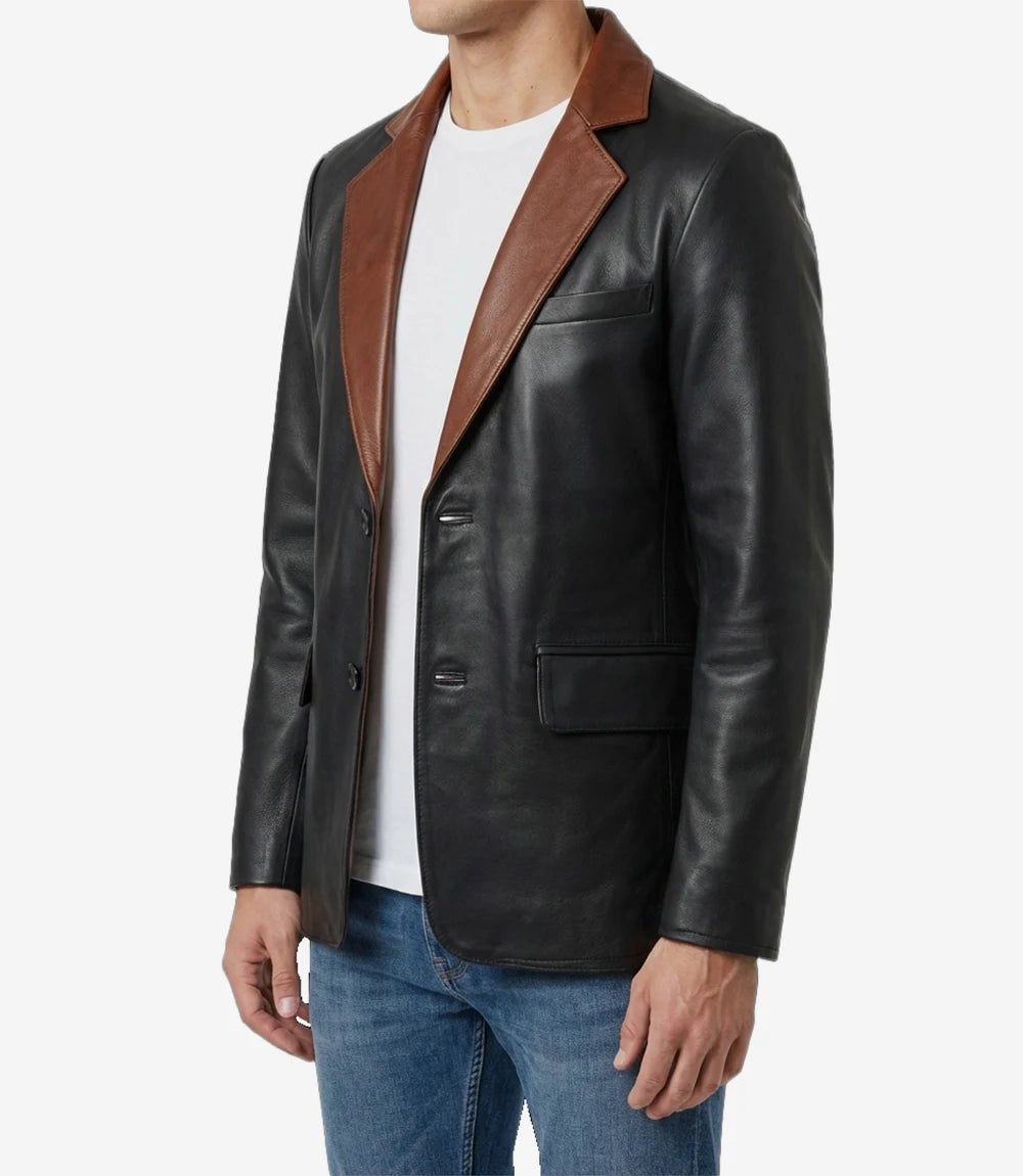 Men's Black Leather Blazer with Cognac Notch Lapel