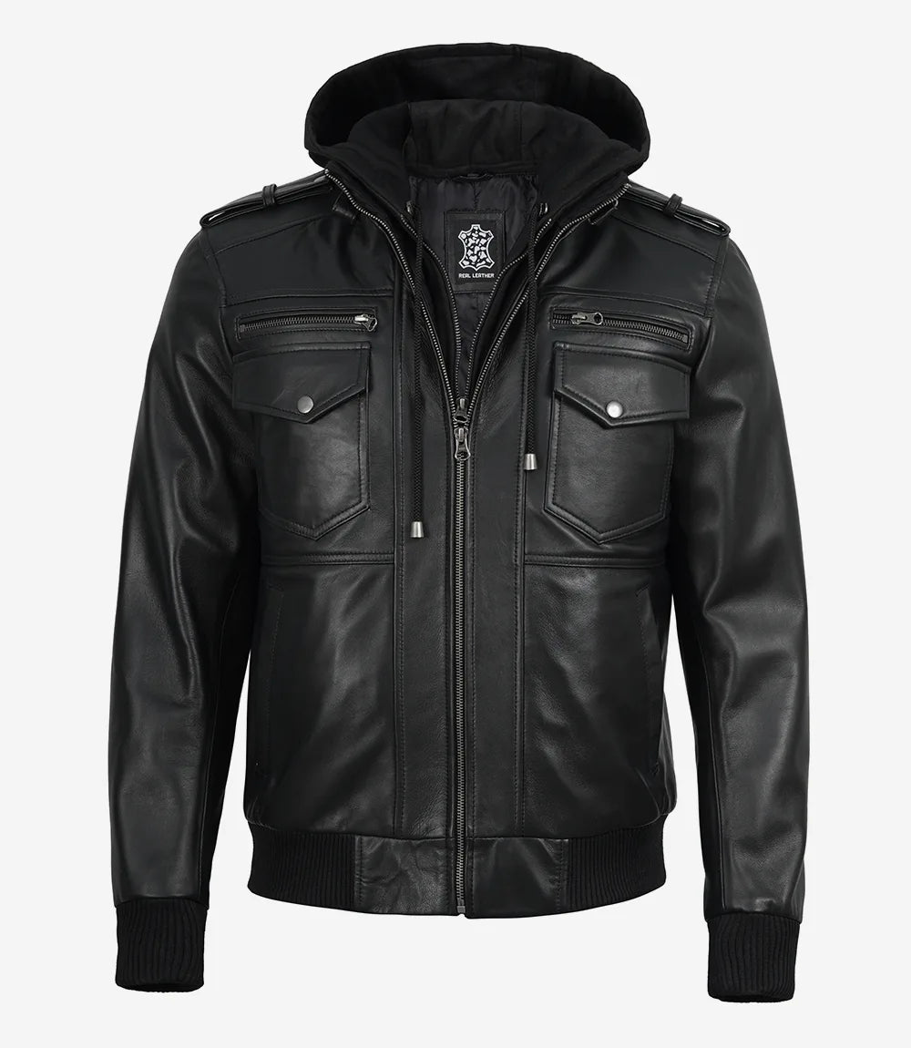 Mens Classic Black Bomber Leather Jacket with Hood