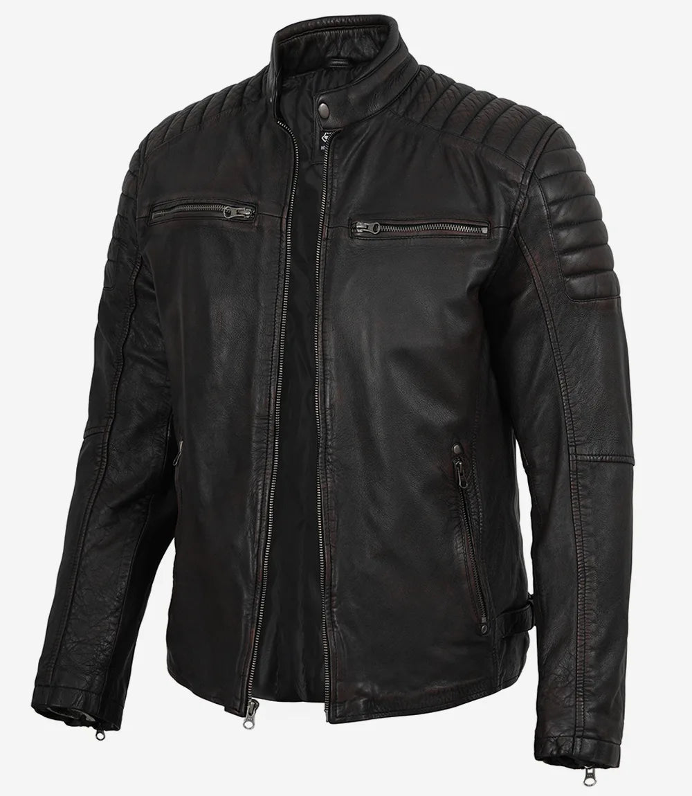 Mens Black Washed Maroon Tone Cafe Racer Leather Jacket