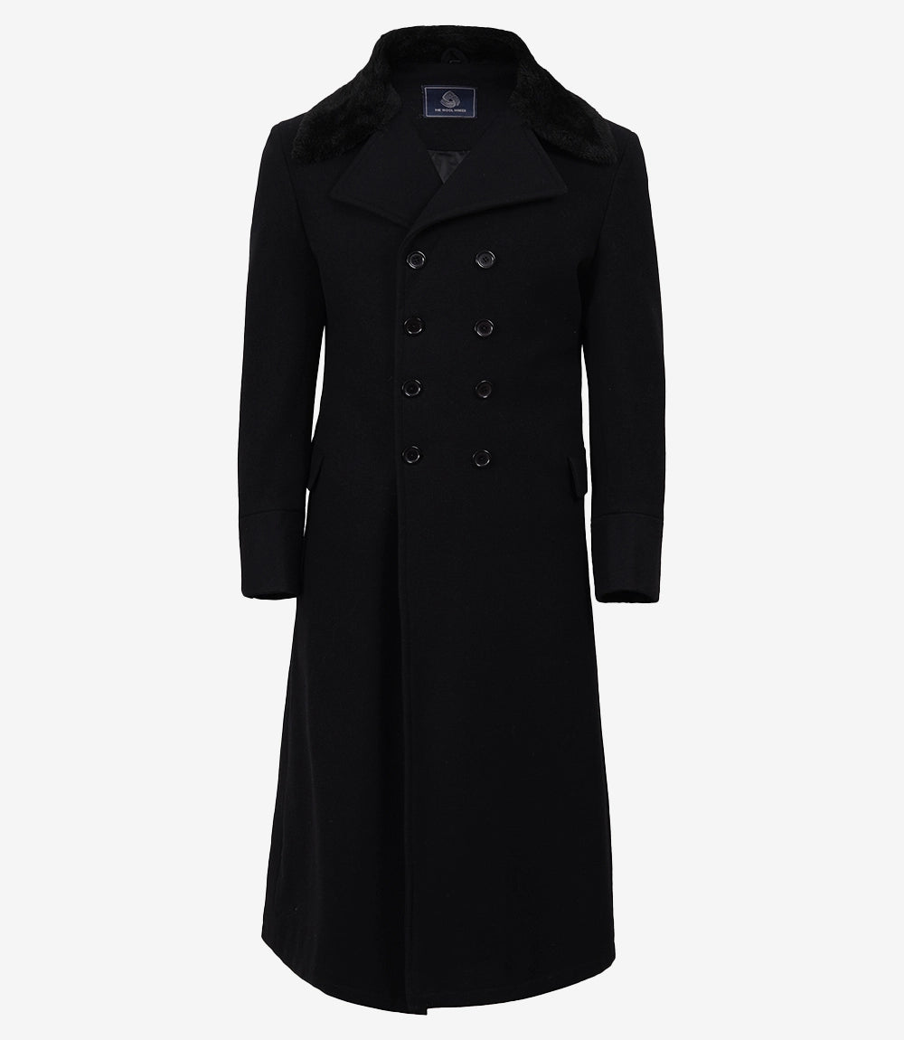 Men's Black Wool Double-Breasted Long Coat