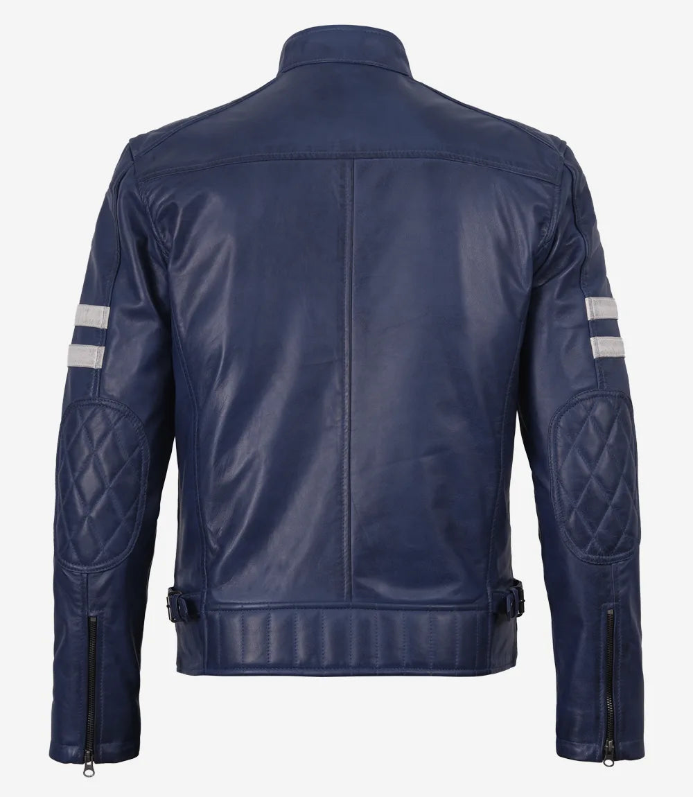 Men's Blue Waxed Leather Biker Style Jacket With White Stripes