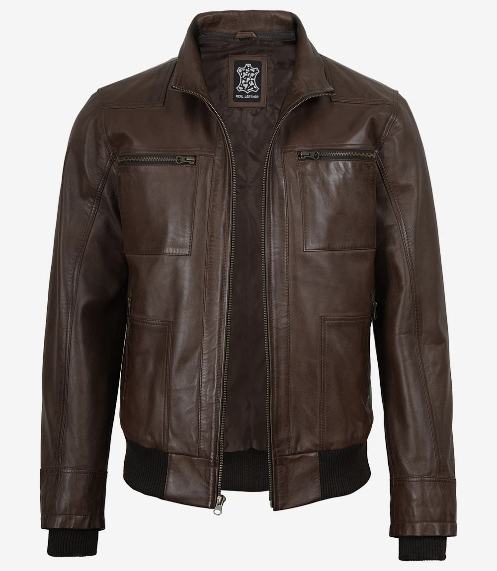 Mens Dark Brown Bomber Leather Jacket With Hood