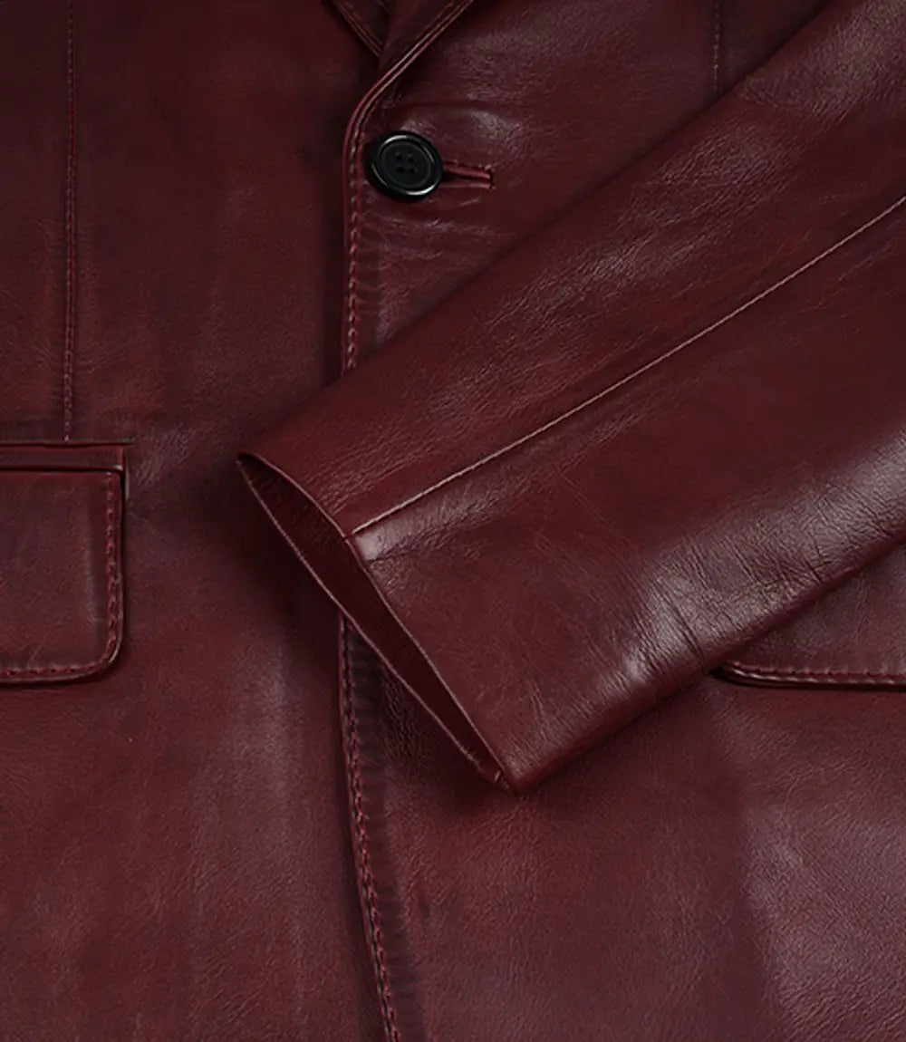 Men's Two Button Notch Lapel Burgundy Waxed Leather Blazer