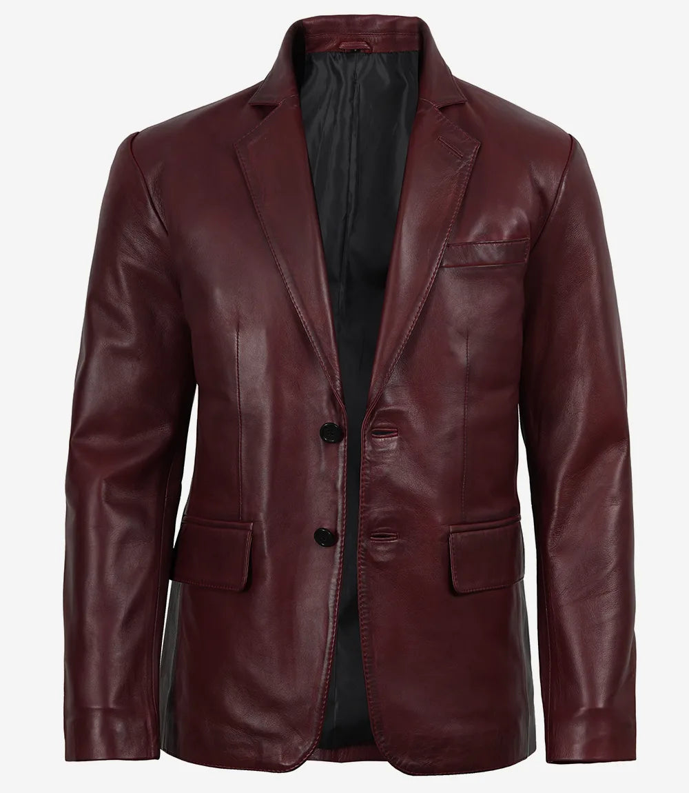 Men's Two Button Notch Lapel Burgundy Waxed Leather Blazer