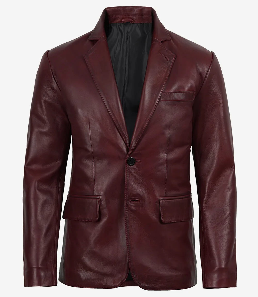 Men's Two Button Notch Lapel Burgundy Waxed Leather Blazer