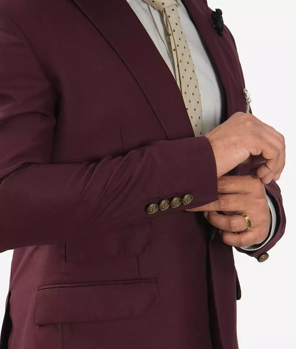 Three Piece Peak Lapel Burgundy Mens Suit