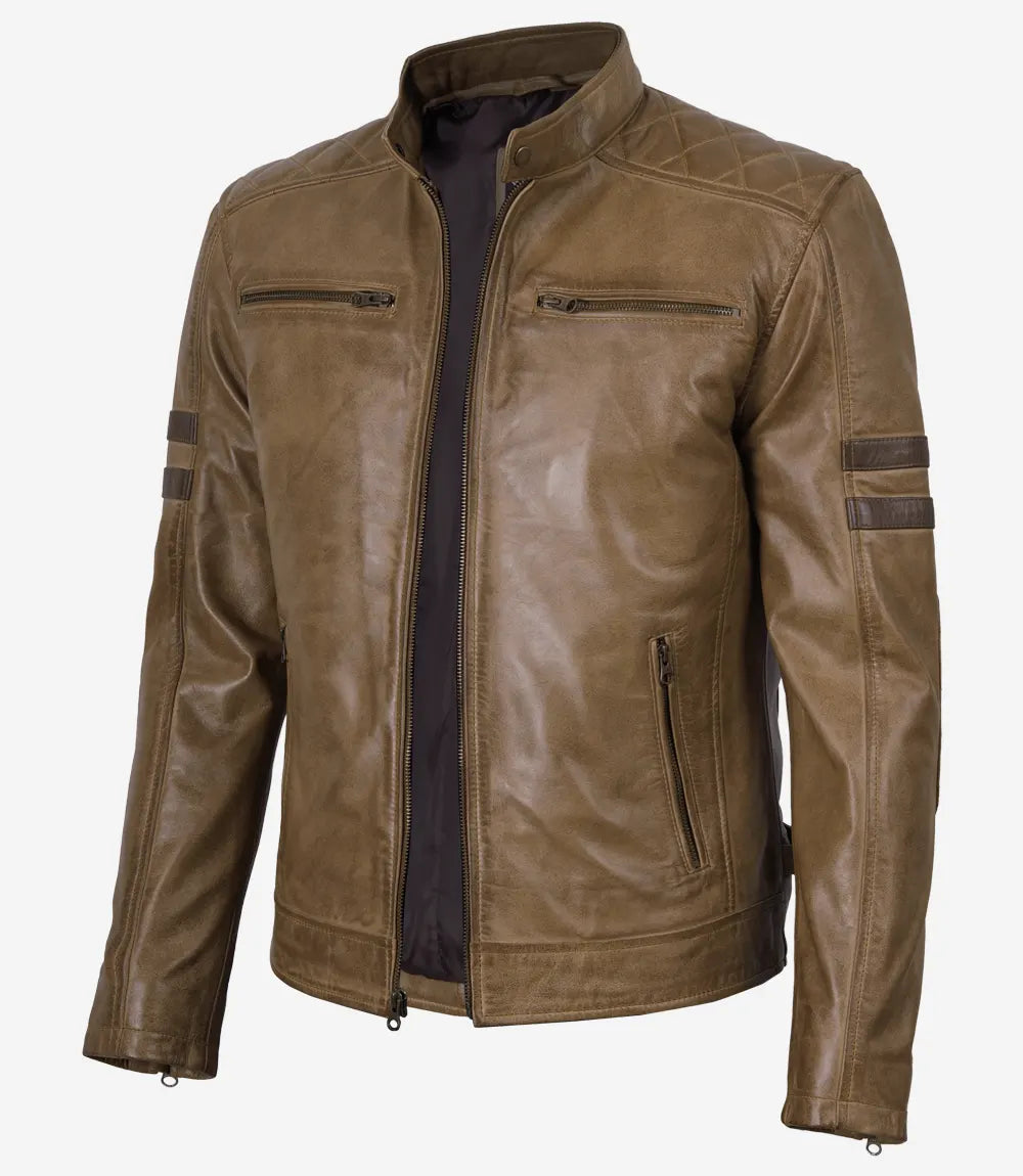 Men's Camel Waxed Leather Biker Style Jacket With Cognac Stripes