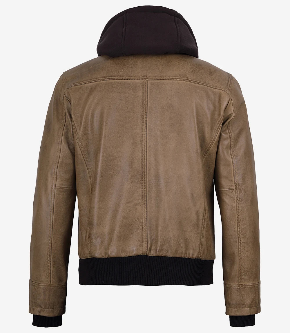 Men's Camel Waxed Leather Hooded Bomber Jacket