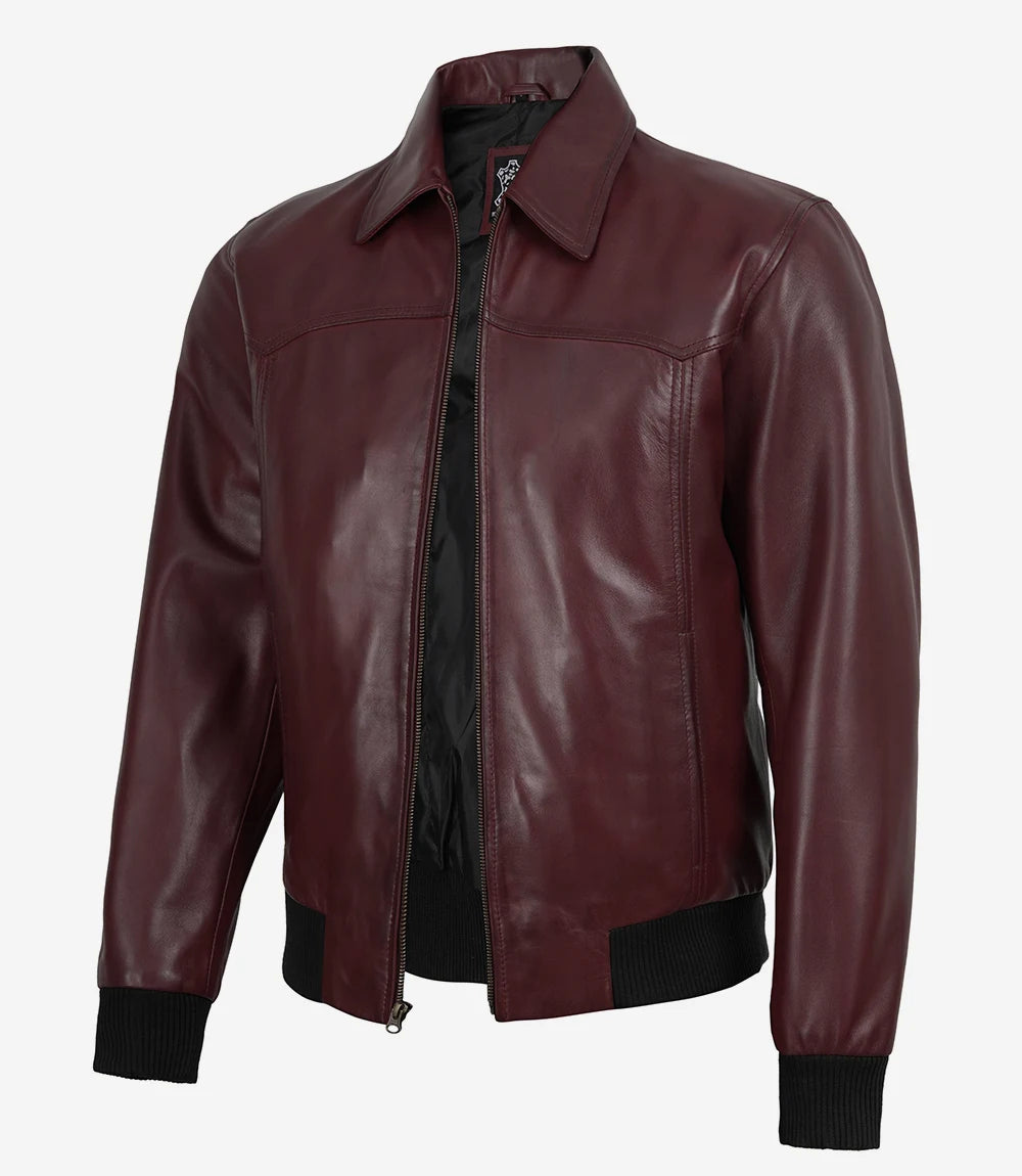 Men's Maroon Waxed Leather Bomber Jacket with Shirt Collar