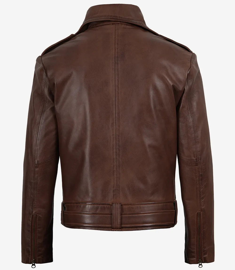 Mens Cognac Waxed Asymmetrical Biker Style Leather Jacket