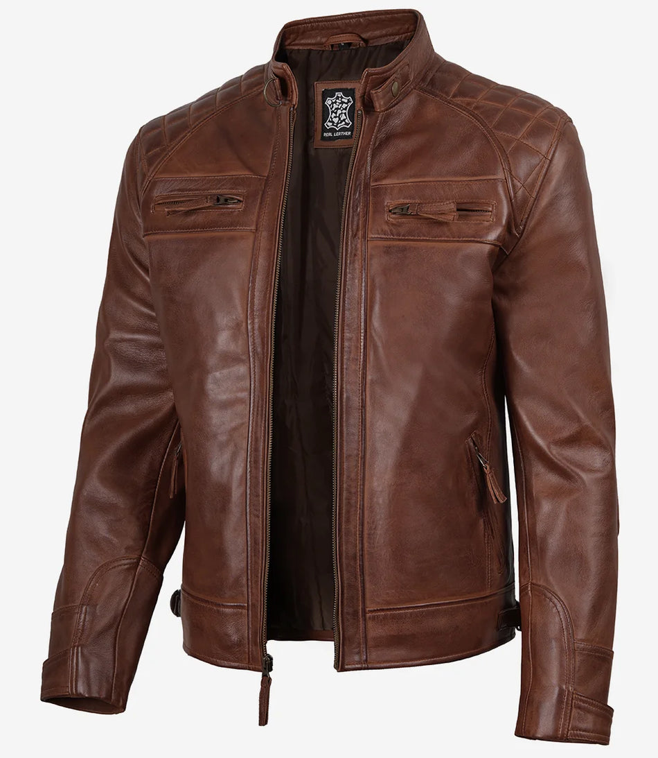 Men's Cognac Brown Quilted Biker Style Leather Jacket