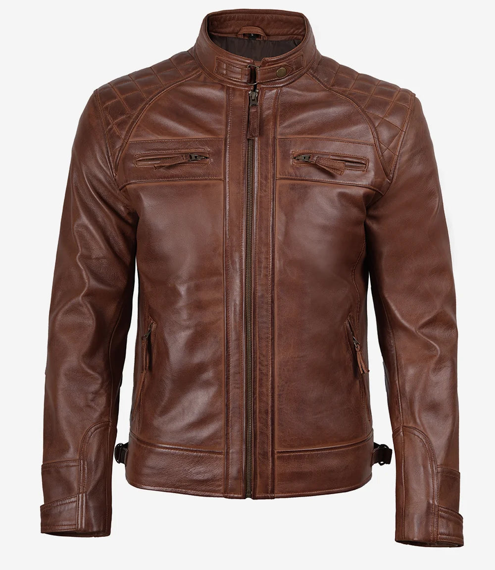 Men's Cognac Brown Quilted Biker Style Leather Jacket