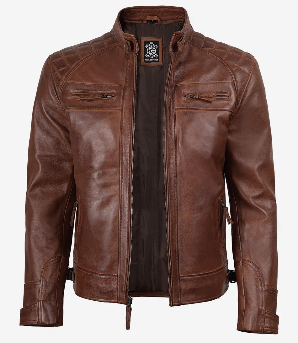 Men's Cognac Brown Quilted Biker Style Leather Jacket
