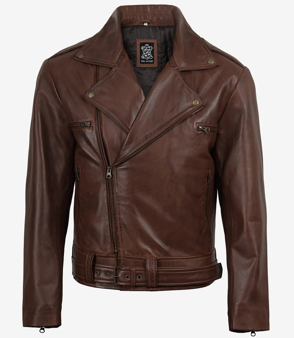 Mens Cognac Waxed Asymmetrical Biker Style Leather Jacket