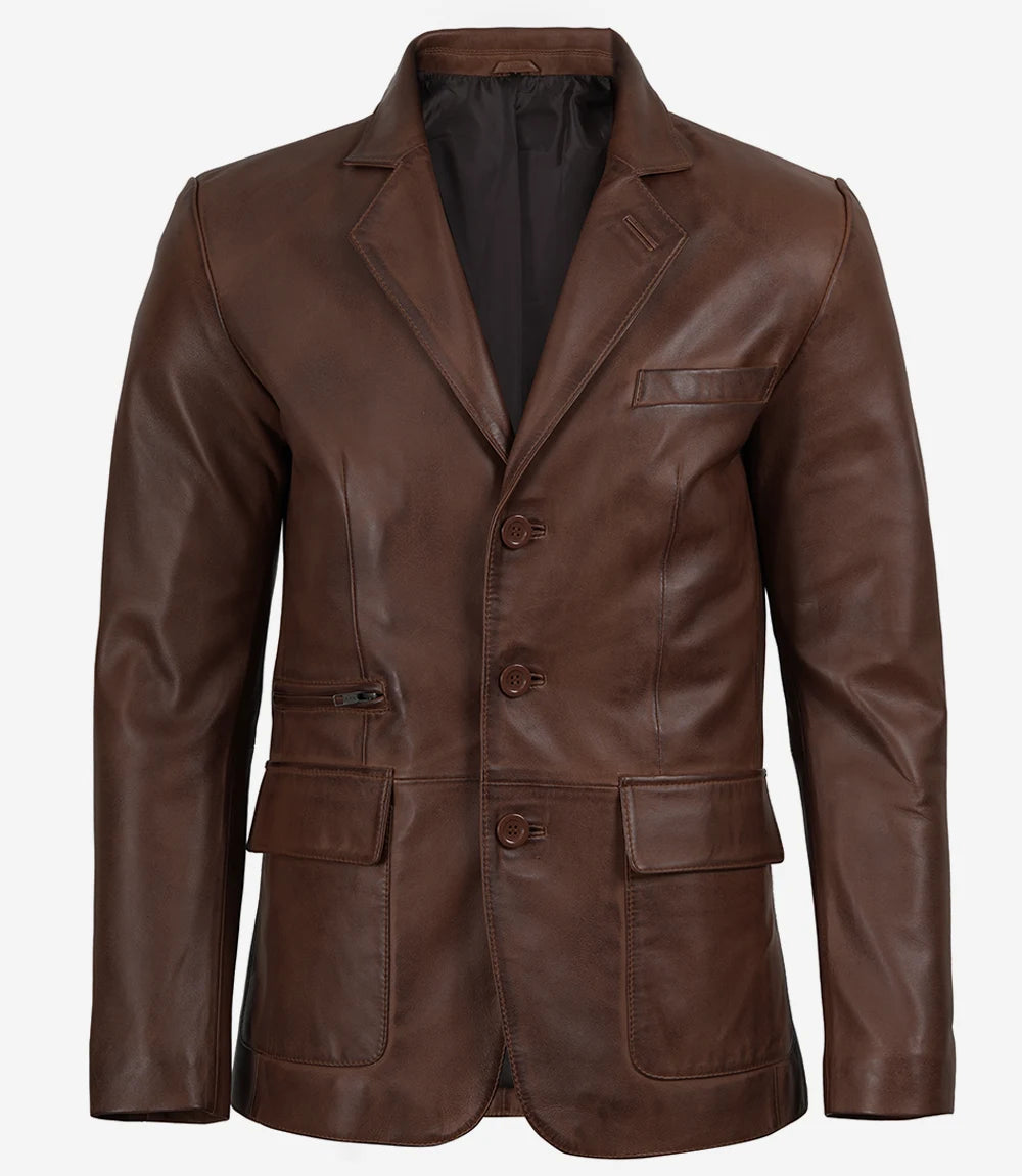 Mens Three Button Cognac Waxed Leather Blazer - Notch Lapel