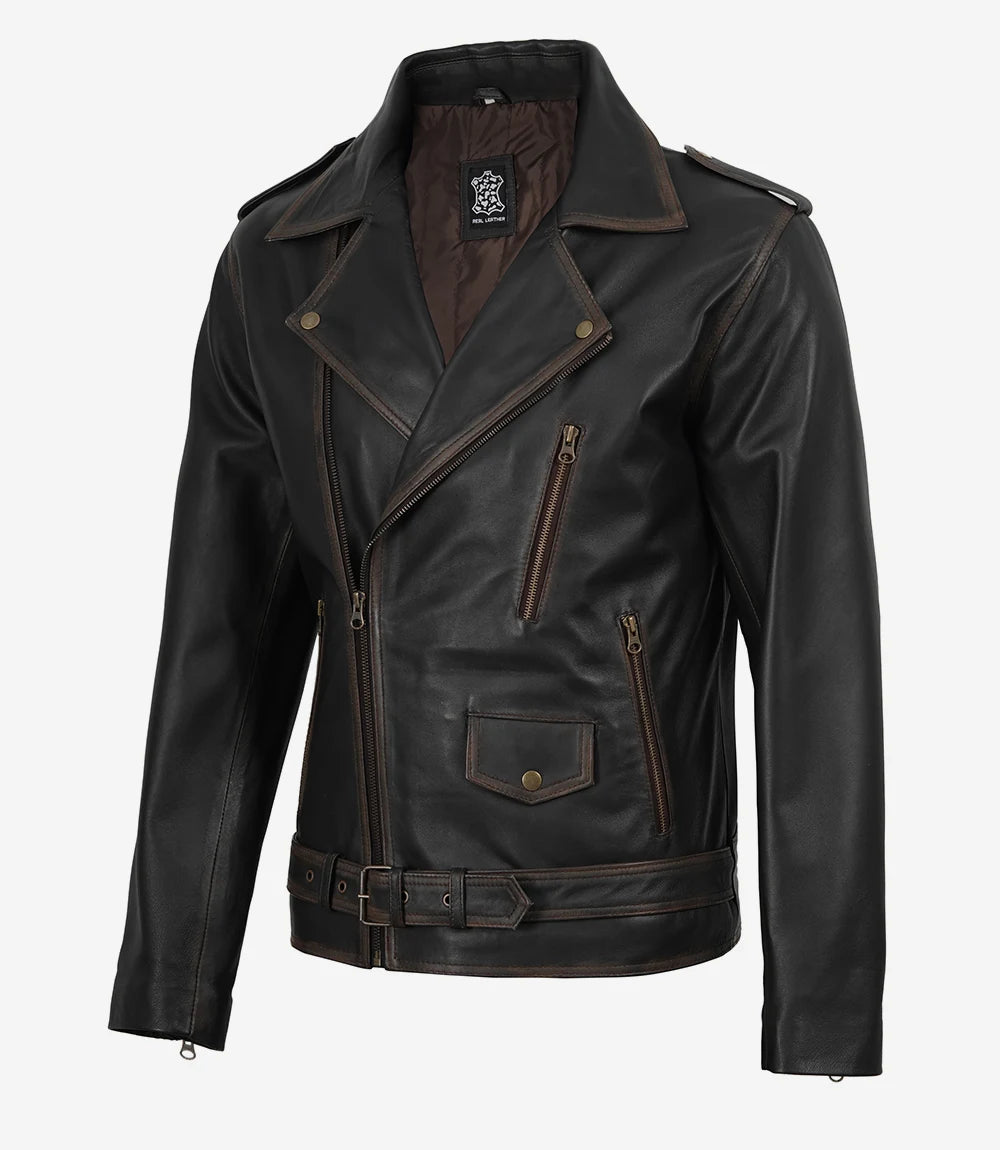 Men's Distressed Dark Brown Leather Biker Style Jacket with Belt