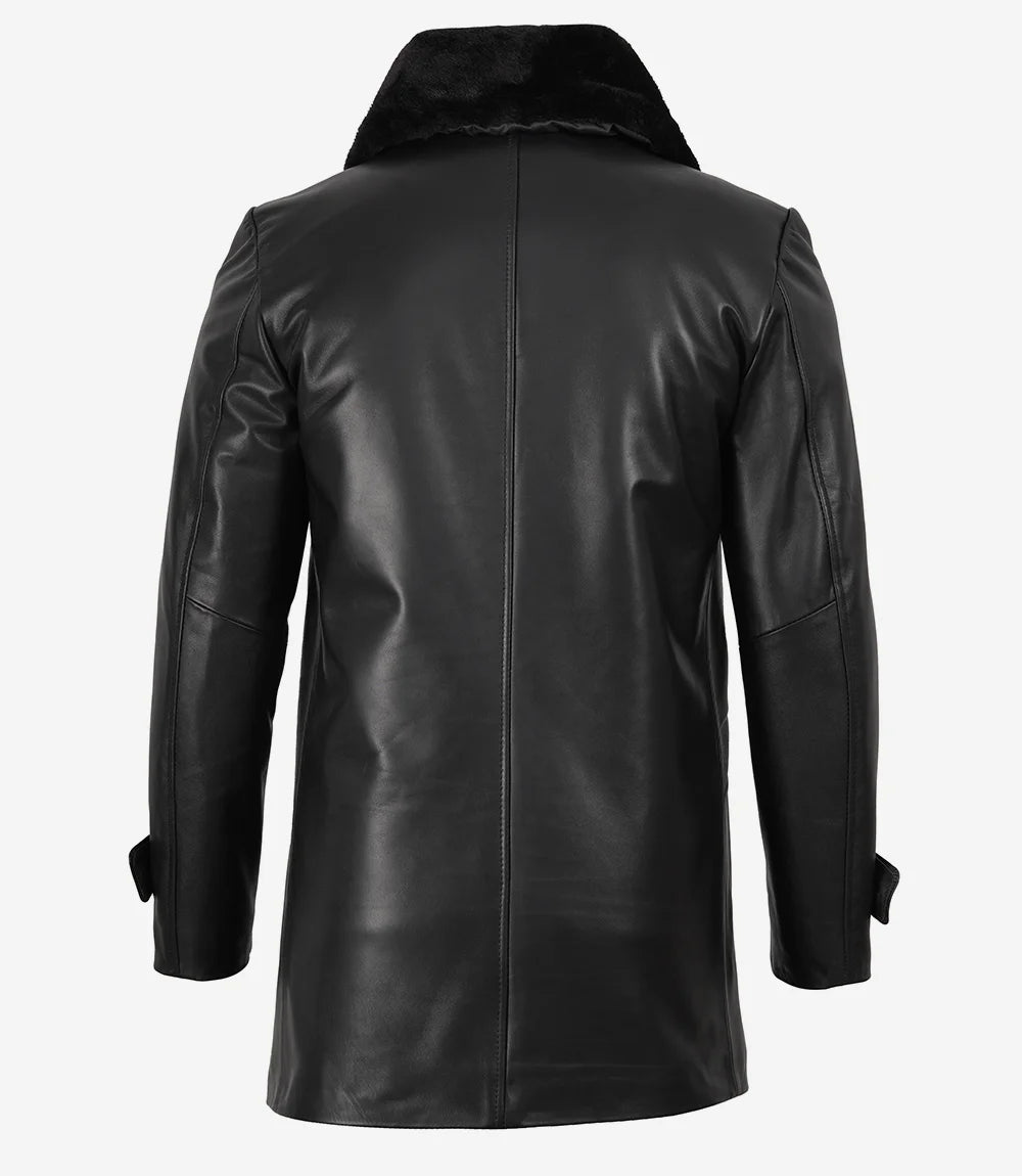 Men's Black Leather 3/4 Length Coat with Fur Collar