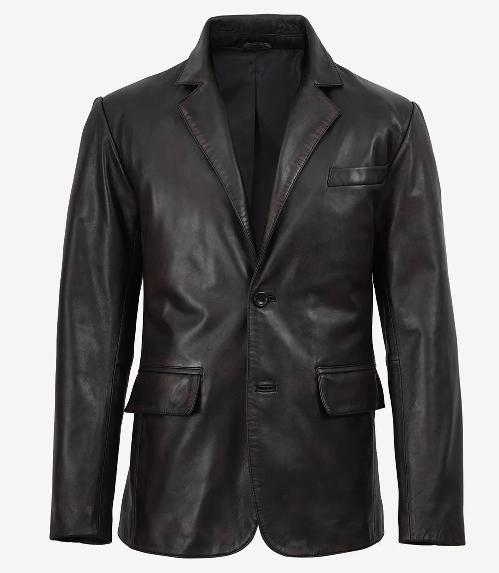 Juan Men's Two Toned Maroon Distressed Black Leather Blazer