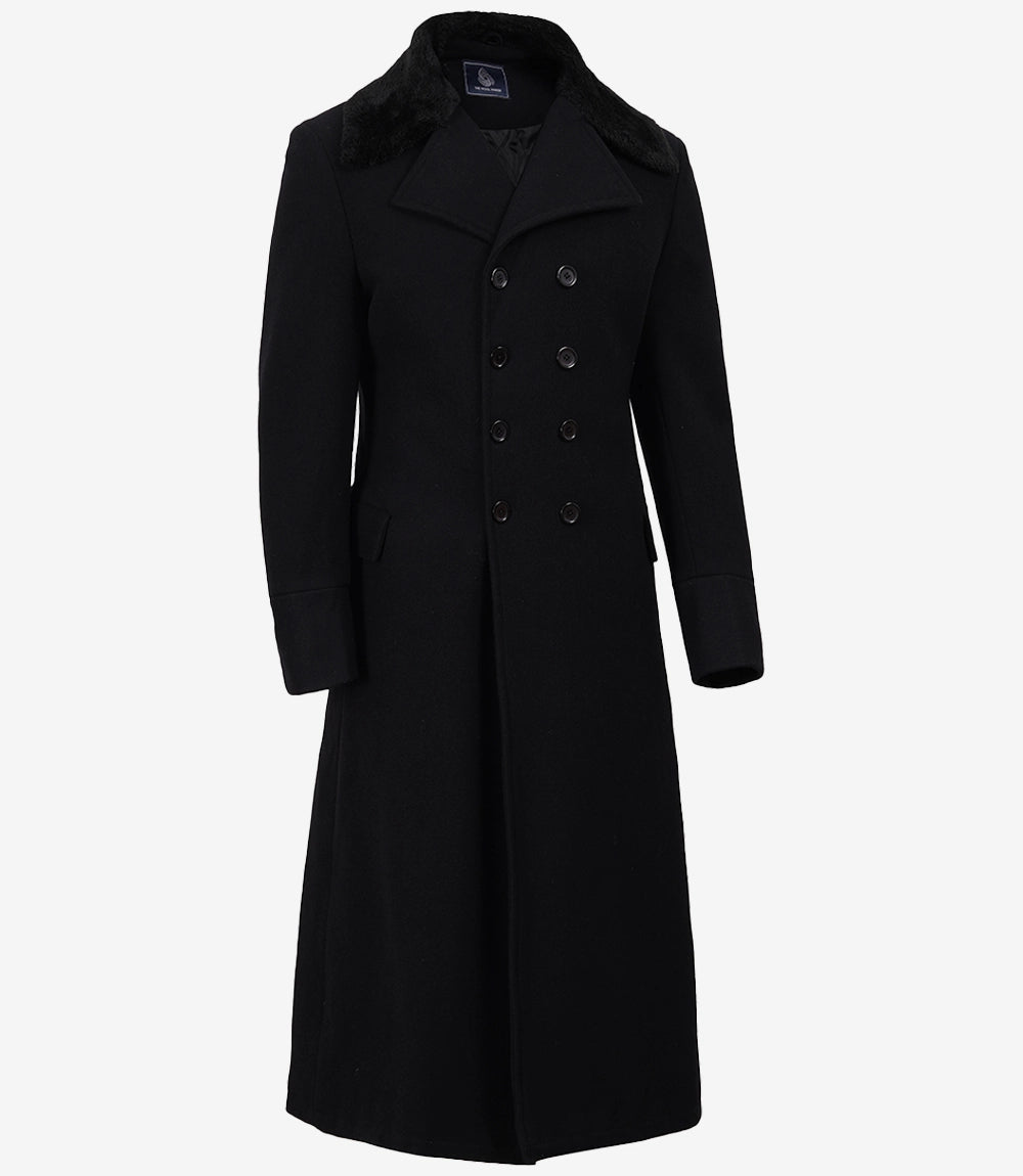 Men's Black Wool Double-Breasted Long Coat