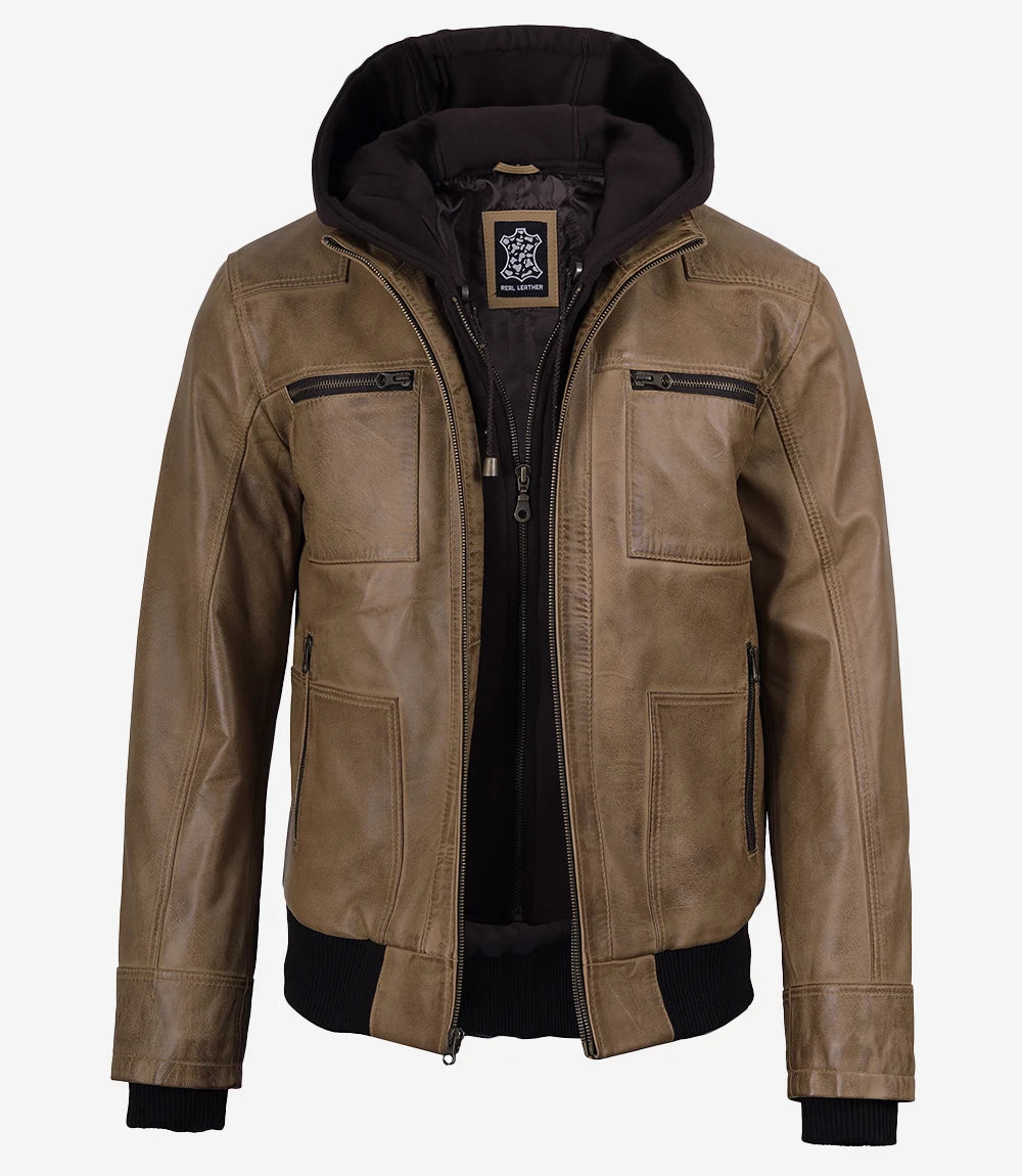 Men's Camel Waxed Leather Hooded Bomber Jacket