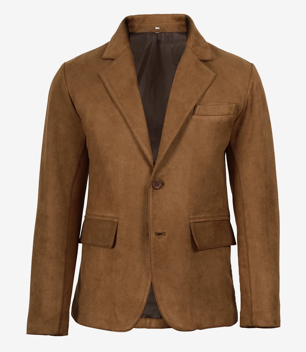 Men's Light Brown Faux Suede Blazer Jacket – 2-Button Notch Lapel