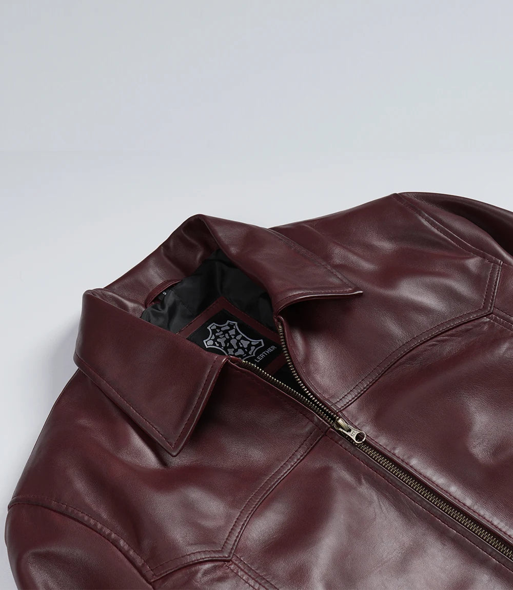 Men's Maroon Waxed Leather Bomber Jacket with Shirt Collar