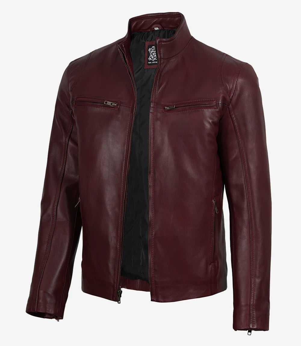 Men's Maroon Waxed Leather Biker Style Jacket
