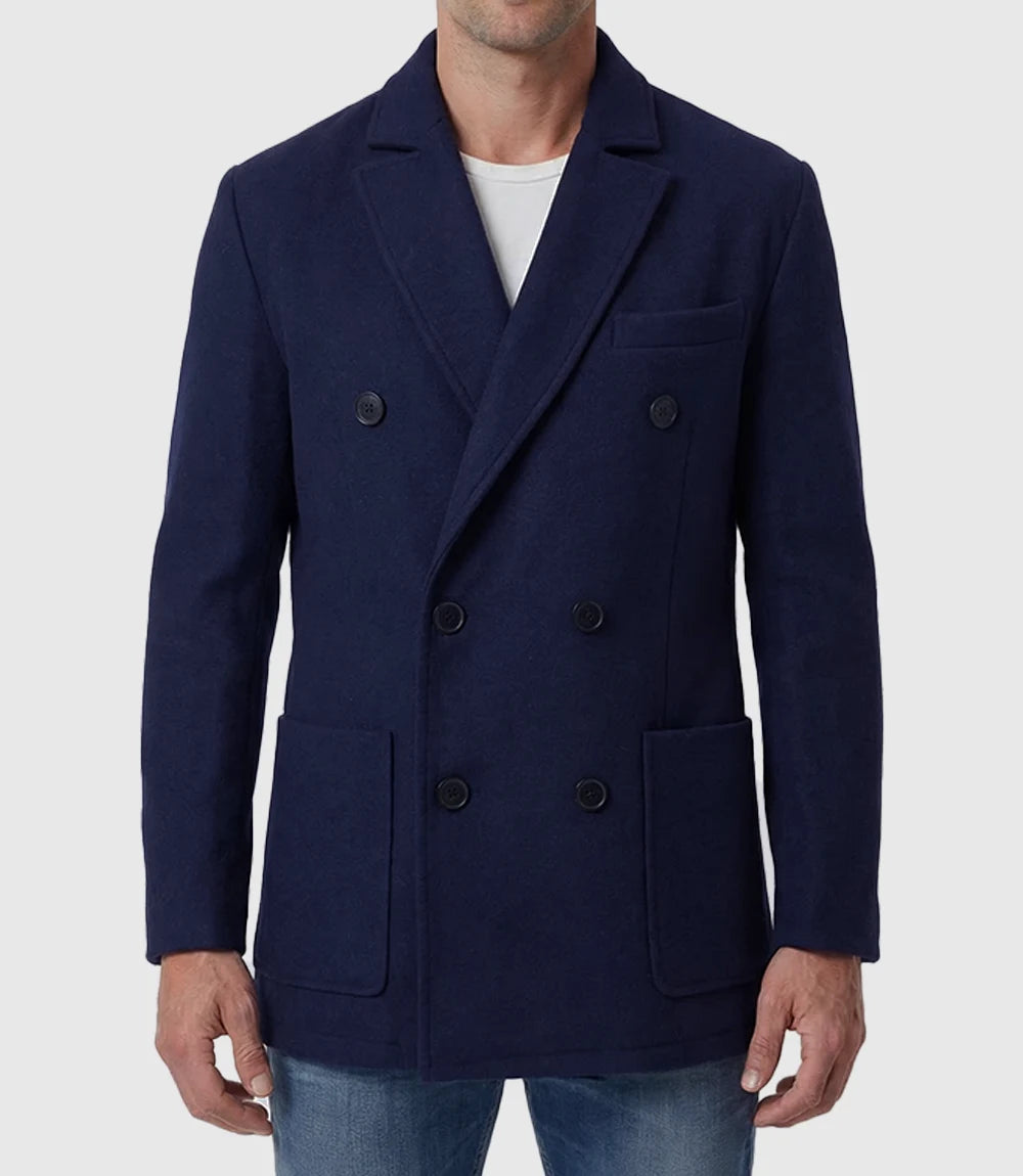 Mens Navy Blue Double Breasted Wool Blend Blazer