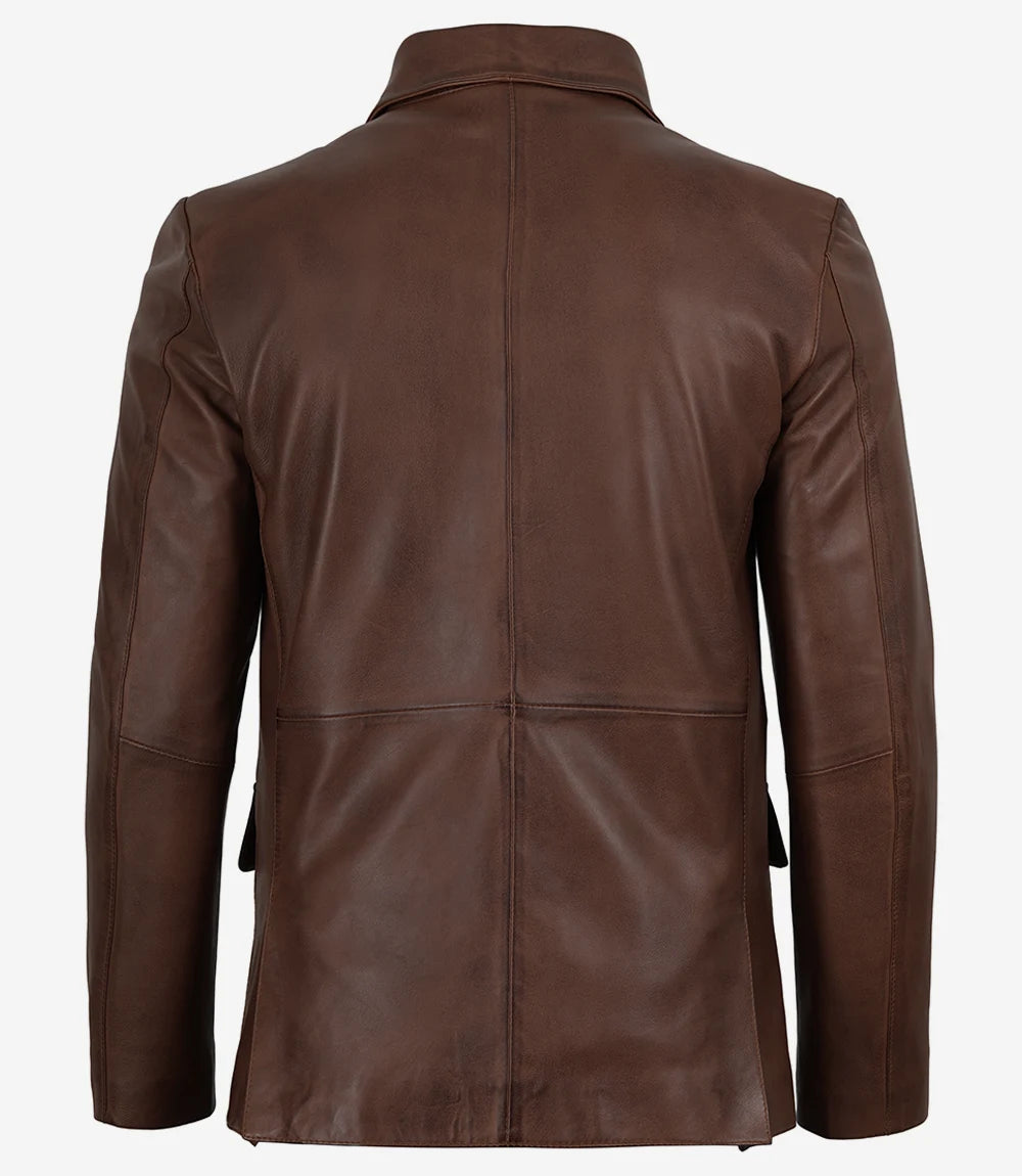 Mens Three Button Cognac Waxed Leather Blazer - Notch Lapel