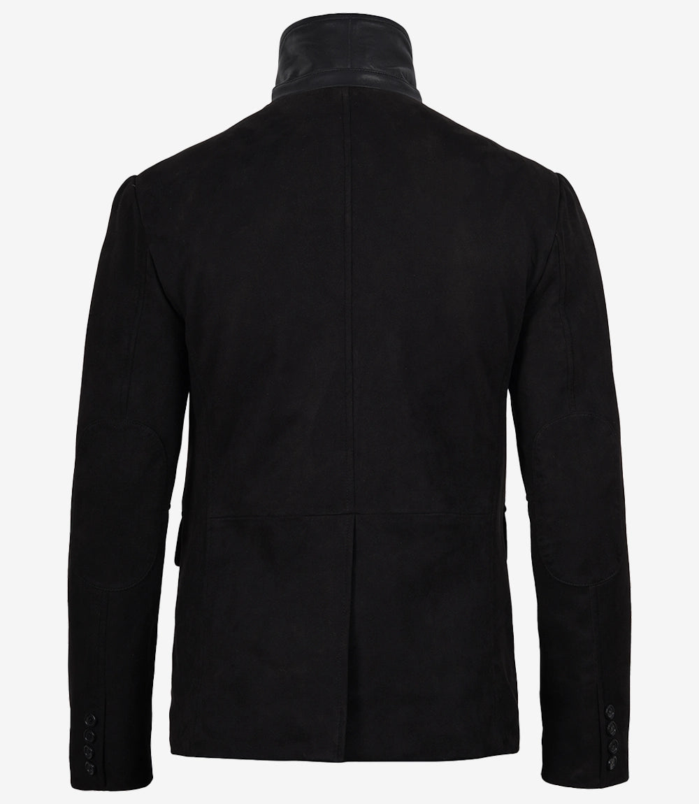 Men's Black Faux Suede Double-Layered Blazer with Leather Placket