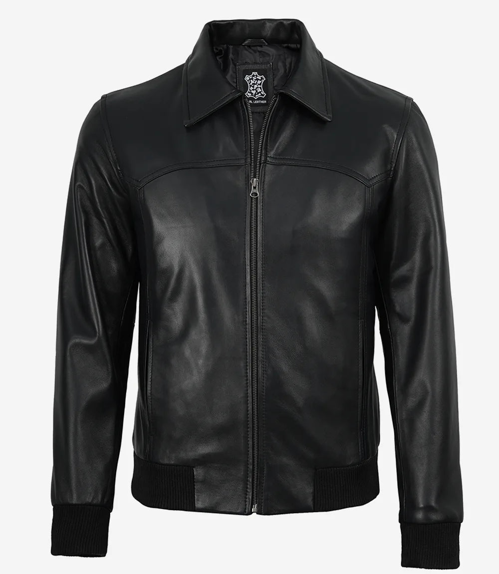 Men’s Premium Black Leather Bomber Jacket – Classic Shirt Collar