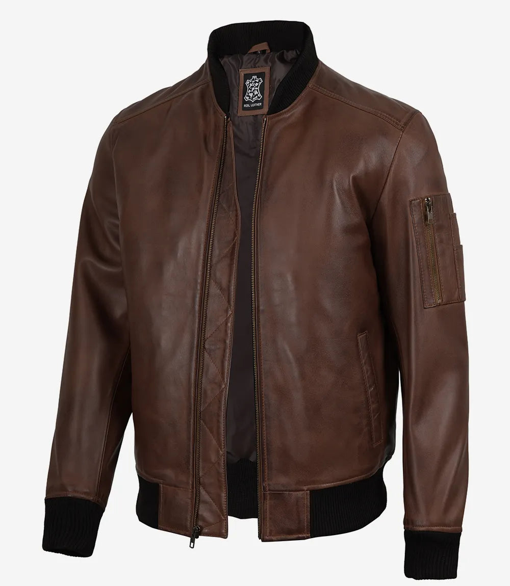 Men's Cognac Waxed Real Leather Bomber Jacket
