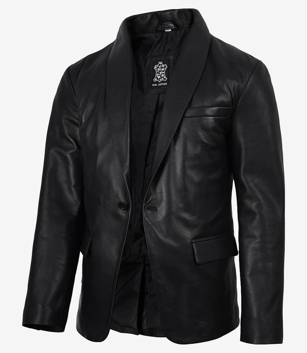 Men's Single Button Black Leather Blazer - Shawl Lapel