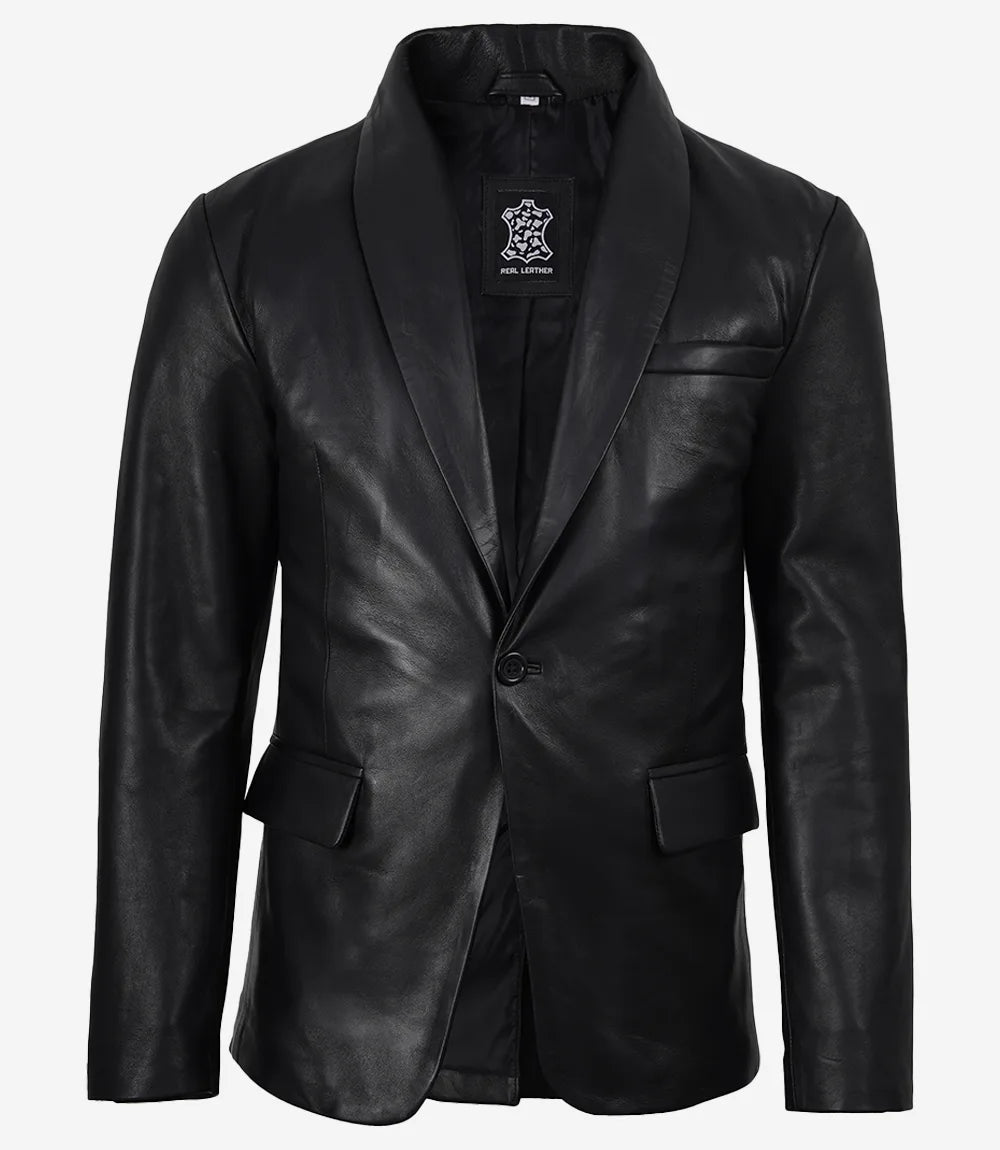 Men's Single Button Black Leather Blazer - Shawl Lapel
