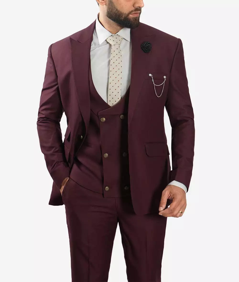 Three Piece Peak Lapel Burgundy Mens Suit