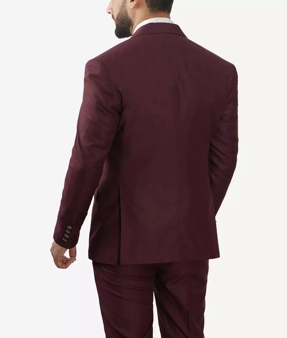 Three Piece Peak Lapel Burgundy Mens Suit