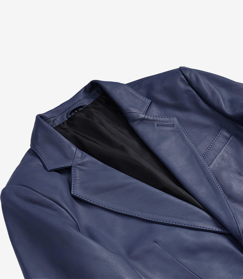 Men's Blue Leather Two-Button Closure Blazer Jacket